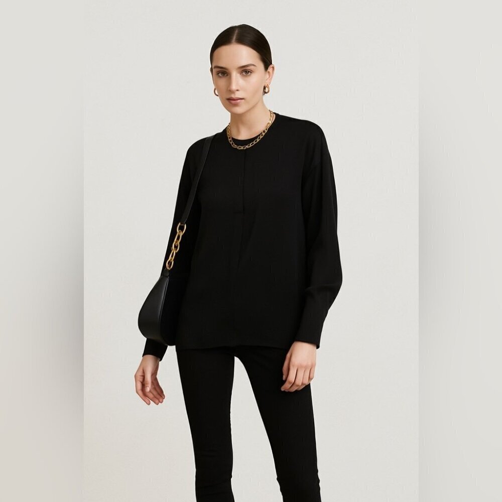 Vince Black Silk Blend Blouse  Long Sleeve Minimalist Workwear Top Size S
